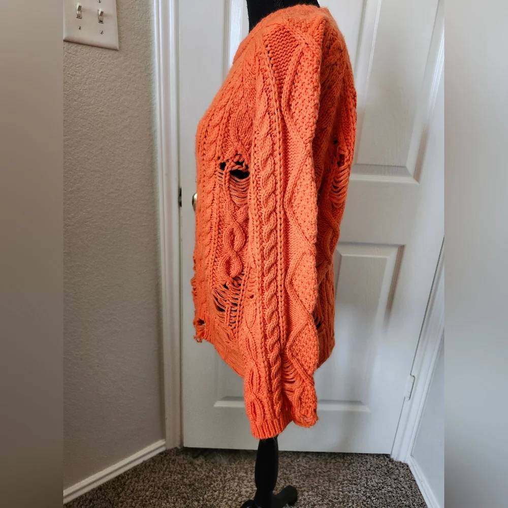 Boohoo Bright Orange Cable Knit Sweater Distressed Details S/M